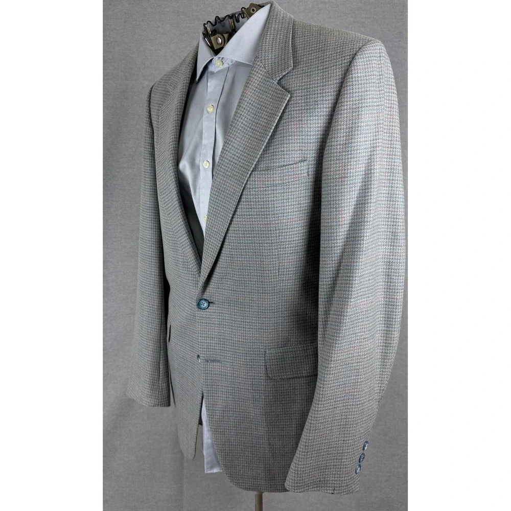 Vintage Bespoke‎ Mens Pure Wool Blazer Blue Grey Check Sport Coat Houndstooth
